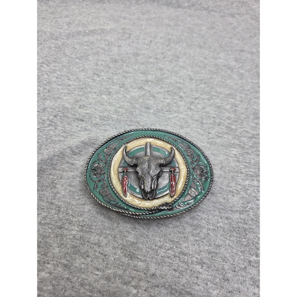 Rare 1981 Siskiyou Buffalo Skull Feathers Green Enamel Native Belt Buckle USA